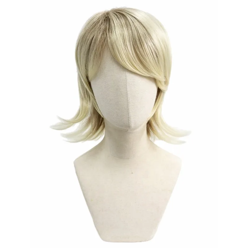 Light Blonde Synthetic Layered Wolf Cut Mullet Wig Side Bangs Fluffy Cosplay Anime Halloween Party Costume Role Play