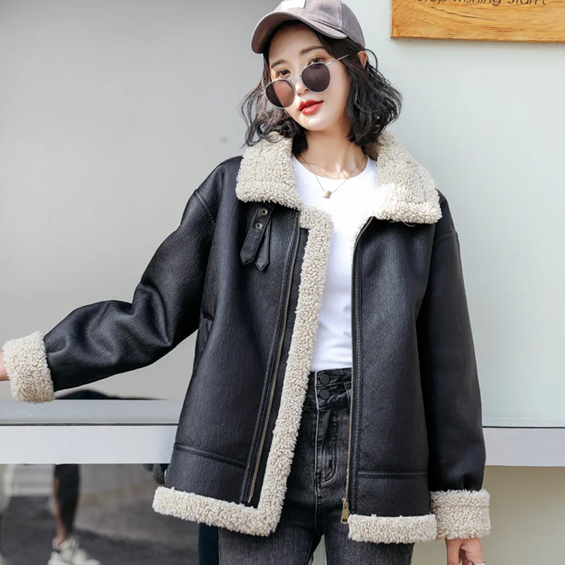 

Faced New Women Double Fur Coat Autumn Winter Casual Fashion Moto Biker Style Lamb Plush Liner Thick Warm Sheepskin Leather Coat