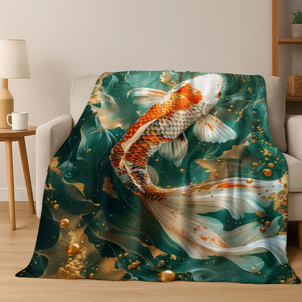 Luxurious Lucky Koi Fish Yin Yang Carp Cartoon Flannel Blanket,Cozy Soft Throw Blanket for Home Bedroom Bed Sofa Cover Gift Kid