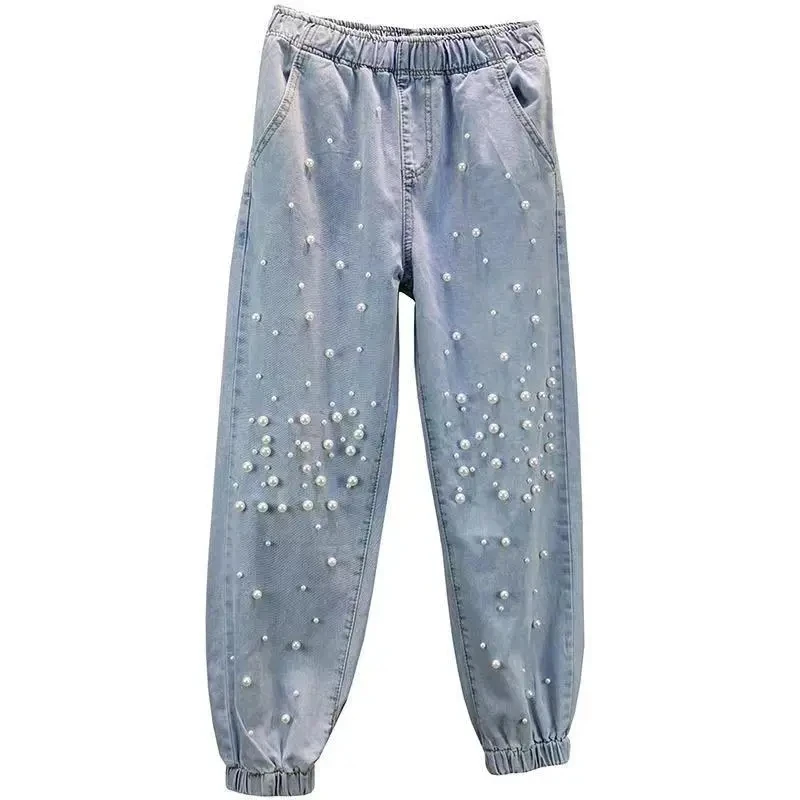 Korean Jeans Woman Streetwear Fashion Denim Harem Pants 2026 New Bottoms Elastic Waist Beading Casual Vintage Pantalon Femme