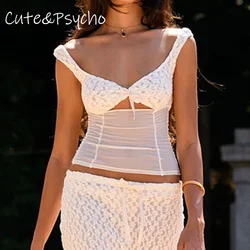 Cuteandpsycho Chic Hollow Out White Tank Tops Y2K Transparent Mesh Patchwork Camisoles Sexy Clubwear Fashion Solid Women's Tops