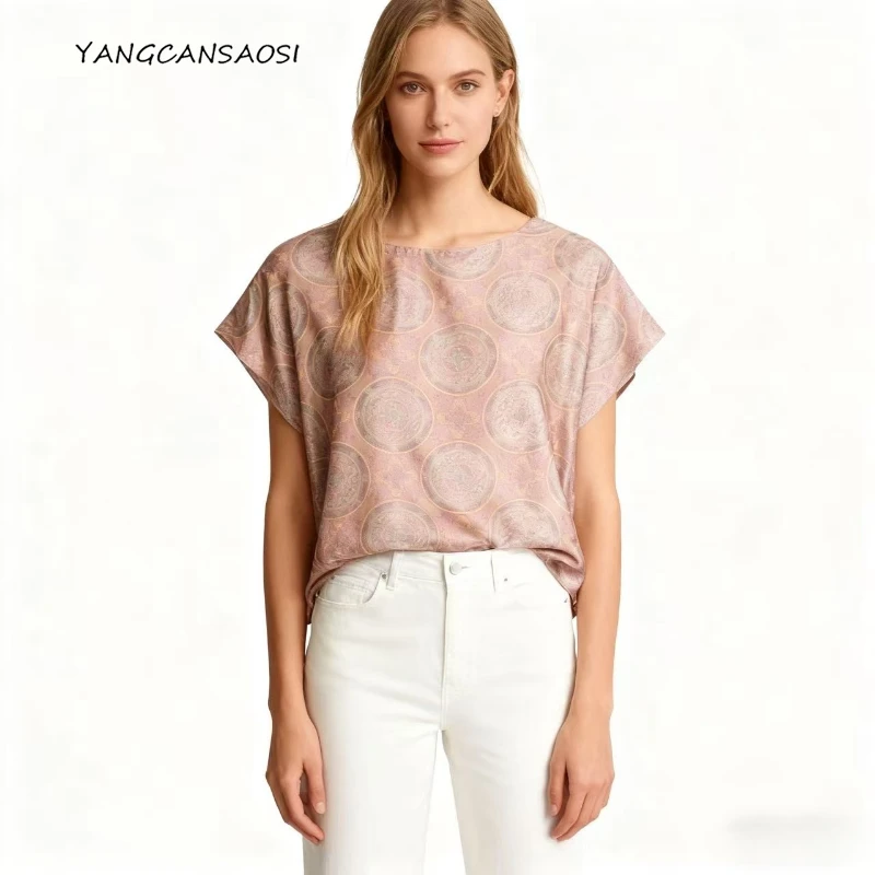 

2025 Women's Fashion Clothing Pink Totem 100% Natural Mulberry Silk Song Brocade Round Neck Short Sleeve Casual T-shirt