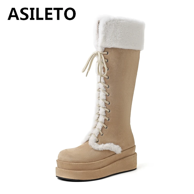 

ASILETO Flock Suede Women Winter Knee High Boots Round Toe Double Platform Thick Heels 7cm Lace Up Warm Wool Bota Big Size 42