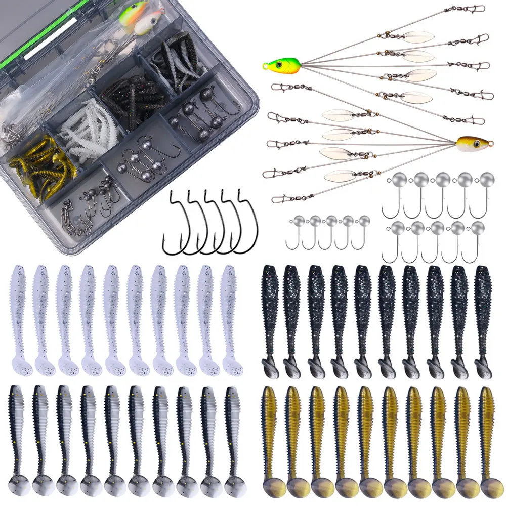 

New T-tail Soft Bait Sea Fishing Freshwater Lead Head Hook Black Bass Perch And Croaker Bait Fishing Tackle Box Set