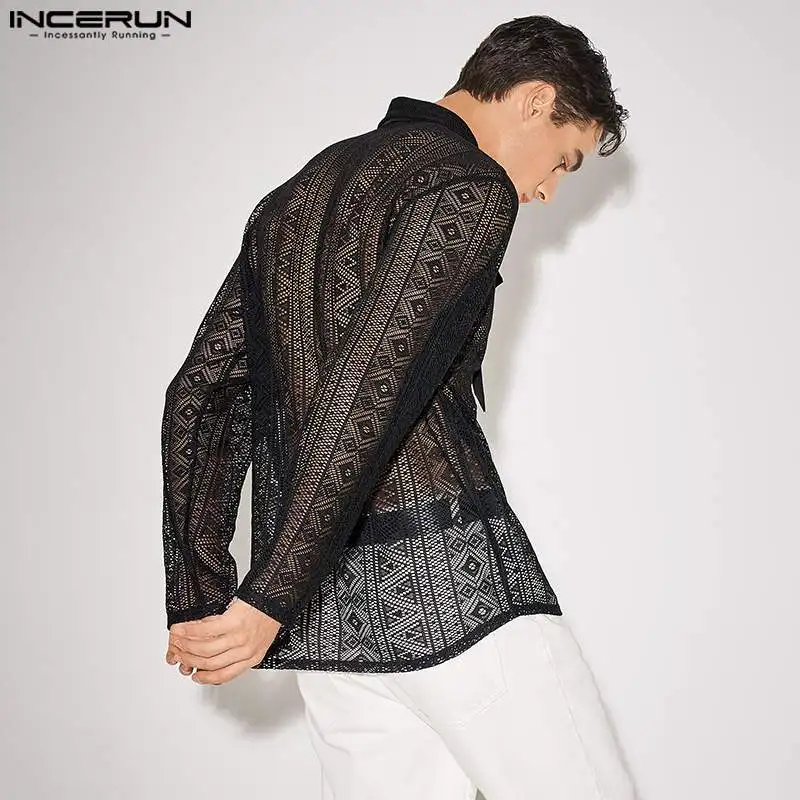 Stylish Casual Style Tops INCERUN 2024 Mens Vertical Strip Hollow Blouse Sexy See-through Lace Striped Long-sleeved Shirts S-5XL