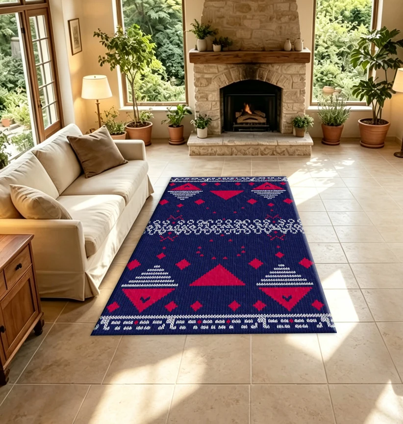 Navy Blue Red Boho Tribal Geometric Carpet Flooring Ethnic Aztec Style Ornament Pattern Floor Rug for Living Room Decor