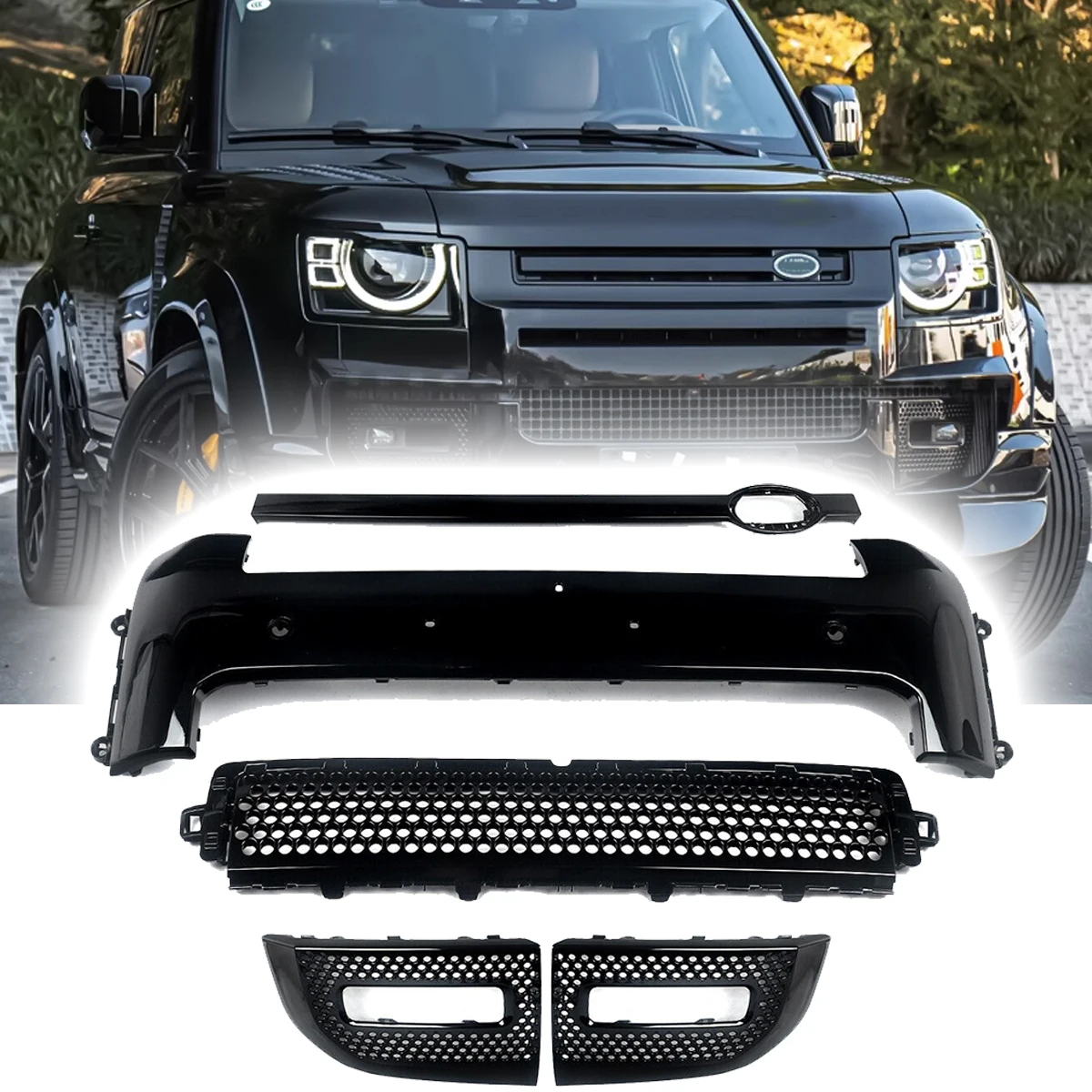 

5pcs Glossy Black Body Kits Modified Front Bumper Trims Grille Cover fits for Land Rover Defender110 90 130 2020-2024