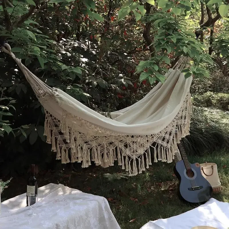 French pastoral fringed solid color hammock outdoor camping anti-rollover single double swing
