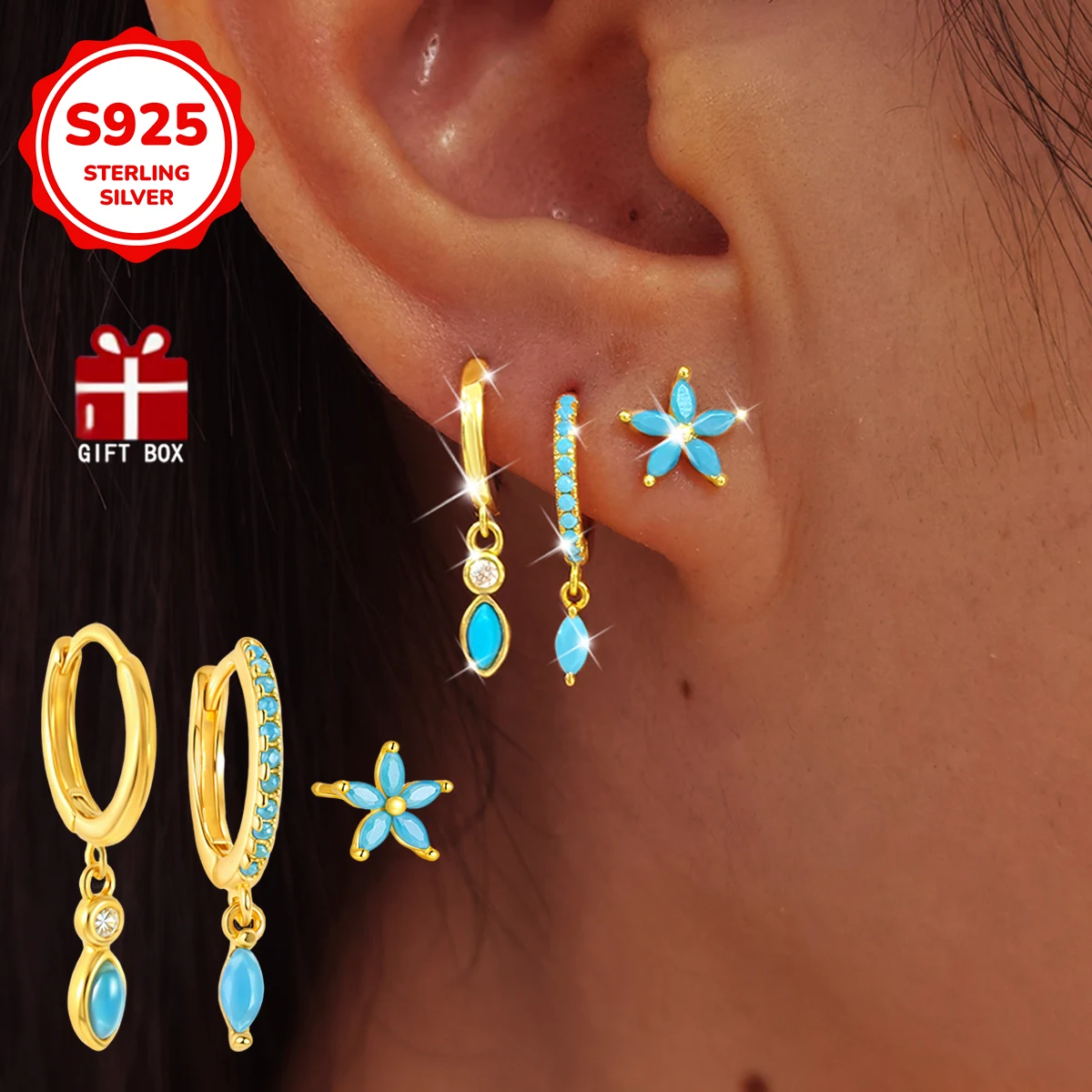 

3 шт. S925 серебряные серьги-капли с цветком и бирюзой CZ, высокое качество в богемном стиле для вечерней вечеринки, праздничный подарок
