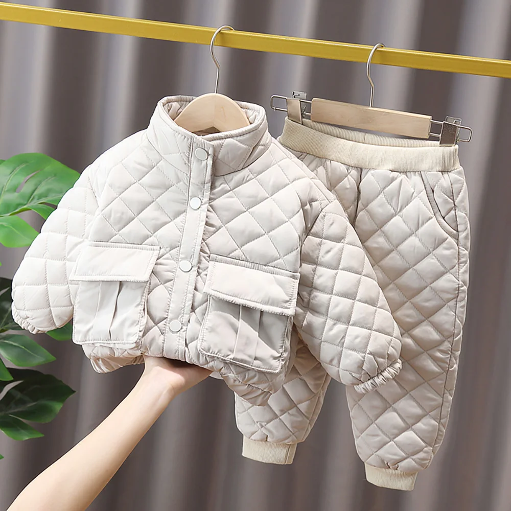 2-6Y Cute Girls Cotton Padded Clothes Sets Winter Solid Plaid Single-Breasted Coats+Pants 2Pcs Thick Warm Kids Outerwear Suits