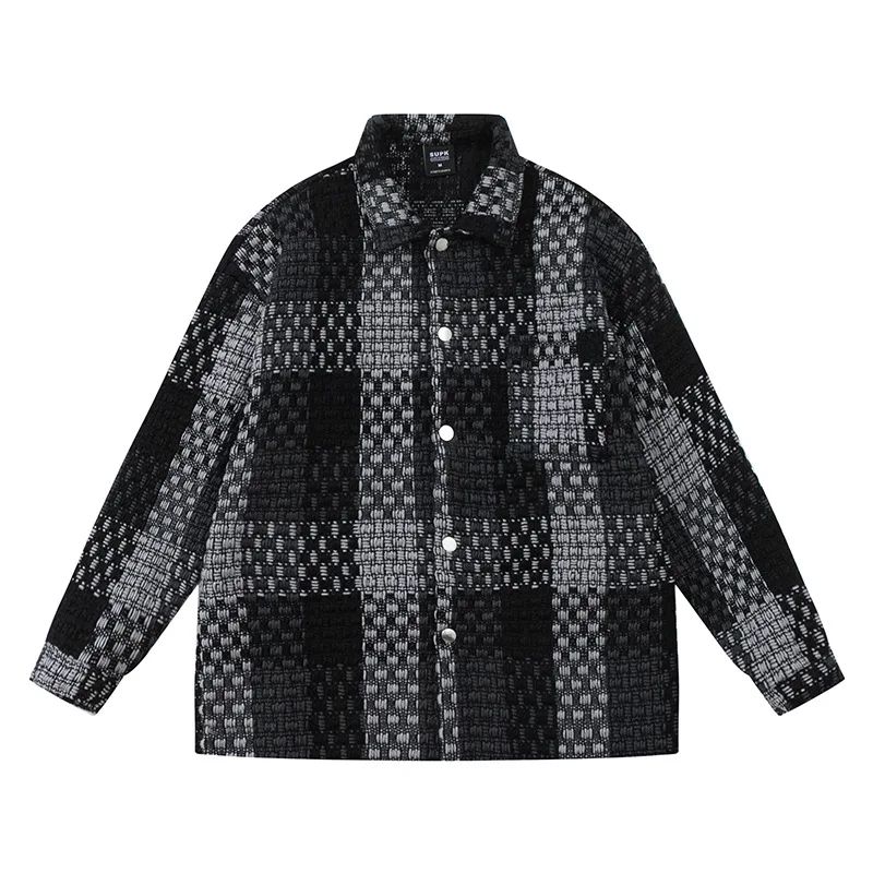 

Harajuku Retro Woolen Plaid Wool Knitted Jackets Outwear Oversized Mens Weave Colorblock Checkered Casual Shirt Jacket Coat