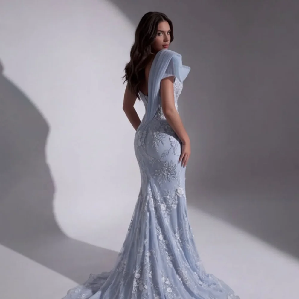 Customized Light Blue One Shoulder Tulle 3D Floral Mother Of Bride Dresses High Slit Mermaid Train Formal Wedding Guest Gown