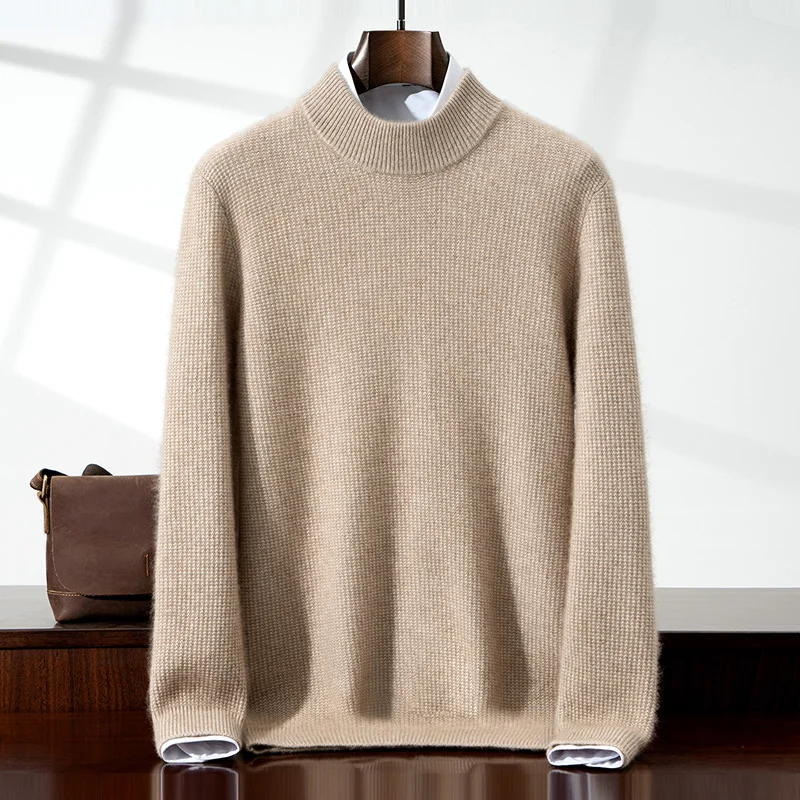 

Men's 100% Cashmere Knitted Mock Neck Pullover Thick Half Zip Casual Versatile Sweater Simple Men's Autumn/Winter Clothing