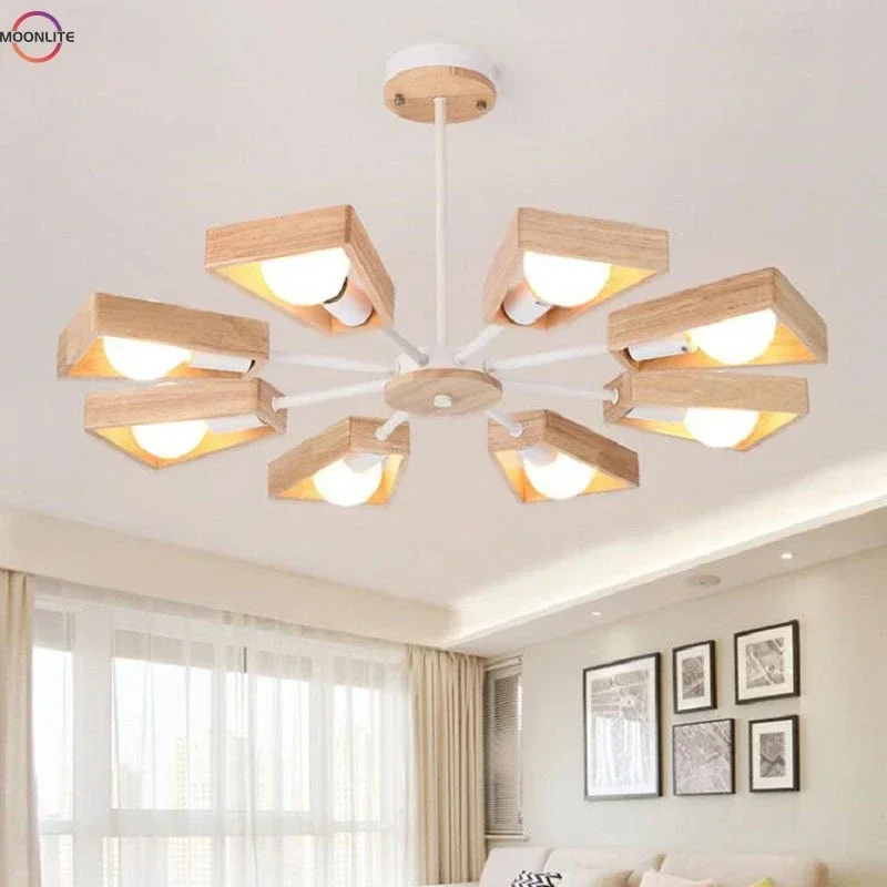 Nordic Style Led Solid Wood Chandelier Modern Concise Living Room Bedroom Restaurant Japanese Wooden Lamp Children  Luminaire