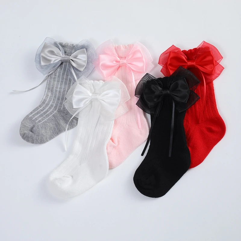 

0-3Years Infant Baby Girls Long Stockings Princess Solid Color Tassel Big Bowknot Socks Spring Cute Over-The-Knee Socks