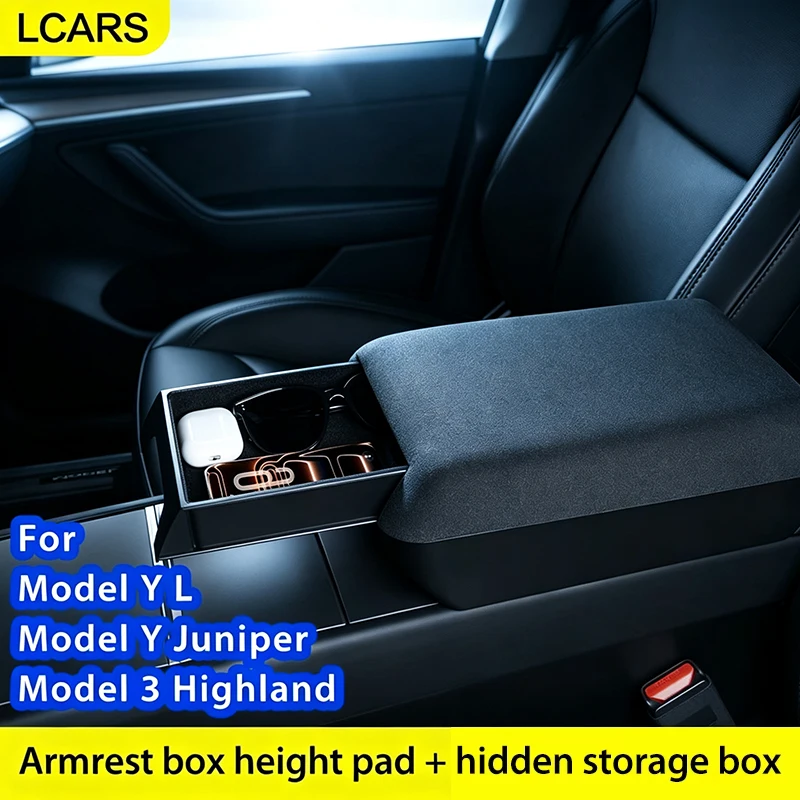 Lcars Is Suitable for the Updated Tesla Model 3 Highland and Model Y Juniper, a Dedicated Armrest Box Storage Box with Velvet Lining for Hidden Storage in the Center Console, Car Accessories