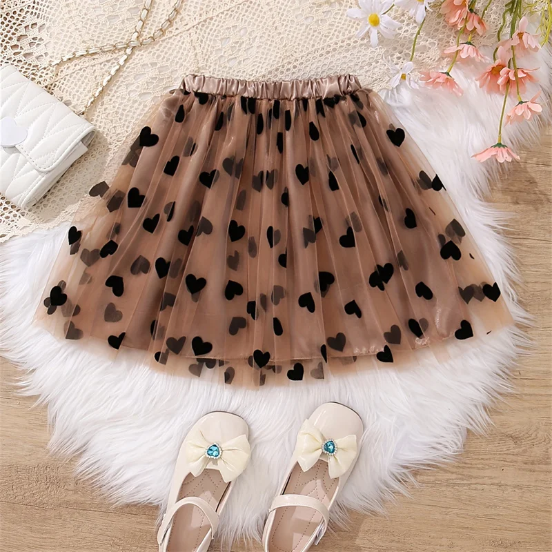 

2024 New Girls Heart Skirts Printed High Waist Mesh Vintage Style Simple Short Skirts Children Casual Skirt