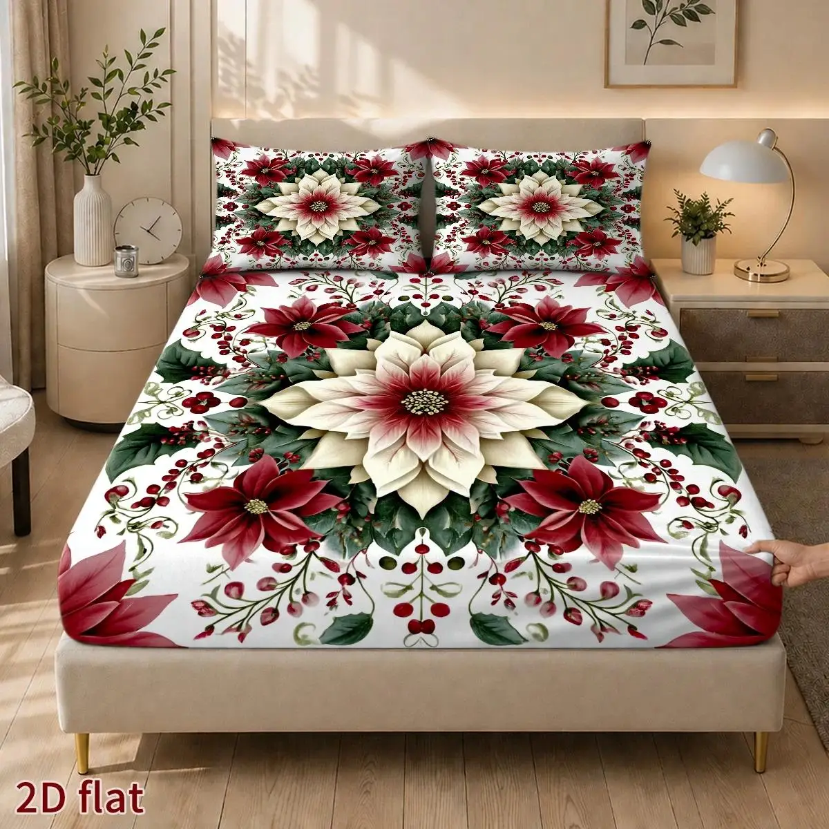 Christmas Red Flowers and Green Leaves 3-Piece Mattress Protector Set, Christmas Decoration 2D Flat, Mattress Protective Cover, Christmas, Holiday Decoration Mattress Cover, Suitable for All Seasons, Machine Washable, for Home, Dormitory, Master Bedroom, Guest Room, Soft and Skin-Friendly, Dust-Proof and Mite-Proof, High Elasticity Fit, Easy to Store and Portable