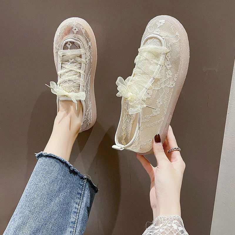 Shoes for Women Off White Clear Woman Footwear Transparent Lace Up Flat Fashion 2024 A Vulcanized Shoe Walking