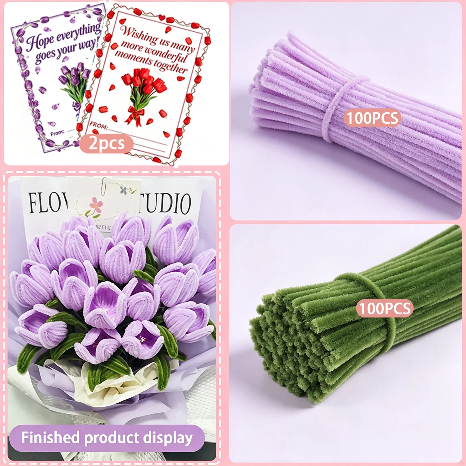 202Pcs Pipe Cleaner Tulip Bouquet, Pastel‑Shaded Chenille Rods, Artistic Hand‑Crafted Floral Ornament Materials