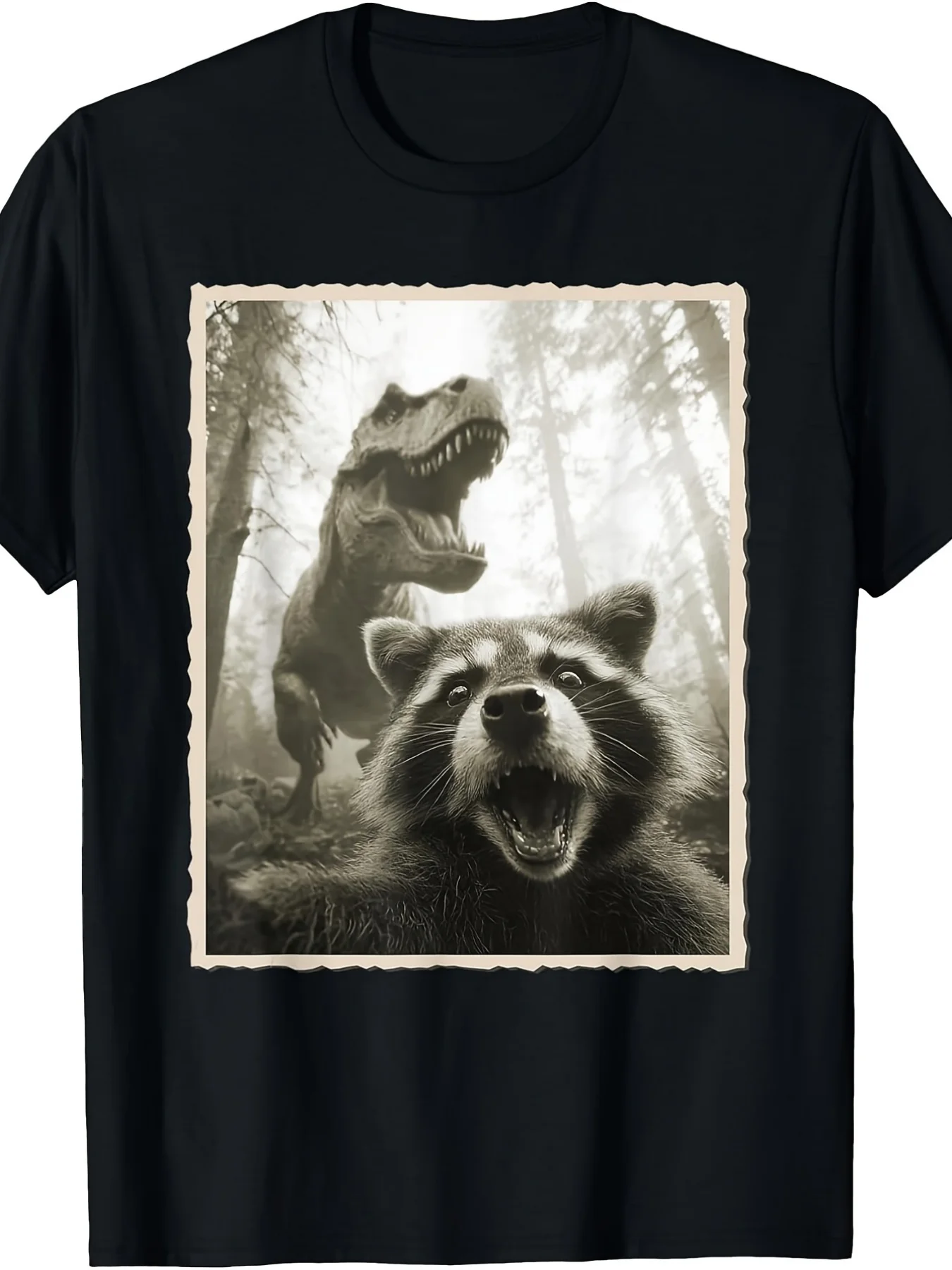 Vintage crew neck T-shirt featuring a humorous design of a raccoon taking a selfie and interacting with a dinosaur, with a T-Rex motif. Made from slightly stretchy fabric, regular fit, available in plus sizes