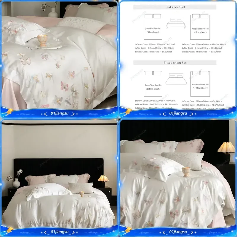 Luxury Butterfly Embroidery Bedding Set 800TC Lyocell Bamboo Fiber Soft Silky Duvet Cover Flat Fitted Sheet Pillowcases 4Pcs