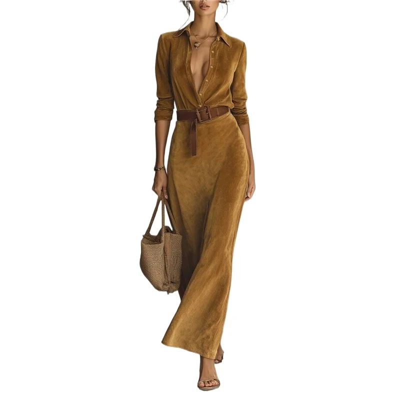 ملابس نسائية على الطراز الأوروبي الأمريكي القديم للخريف من جلد الغزال الخصر فستان طويل عصري أنيق مع حزام