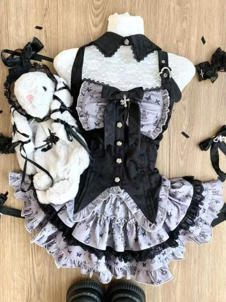 

Летний новый готический кружевной тонкий комплект из 2 предметов для женщин в консервативном стиле с бантом, тонкие топы с разрезом для девочек, винтажная короткая юбка с высокой талией Y2k