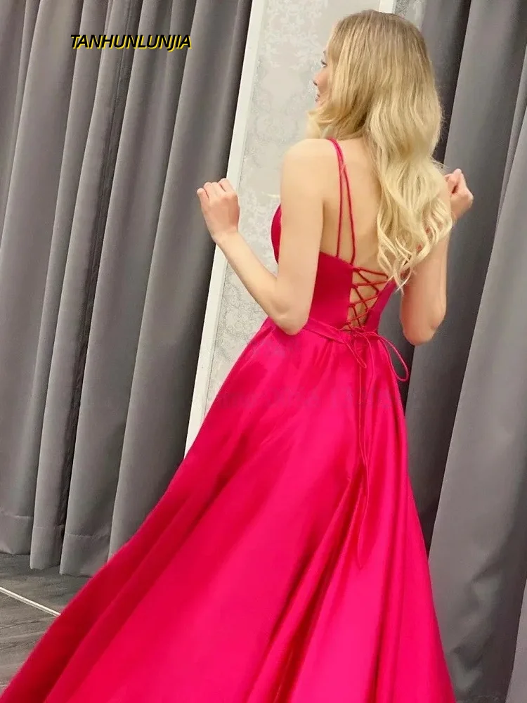 Fuchsia Satin Lange A-Linie Ballkleider Spaghettiträger Herzausschnitt Schnürung Rückenfreies Abendkleid Party für Frauen