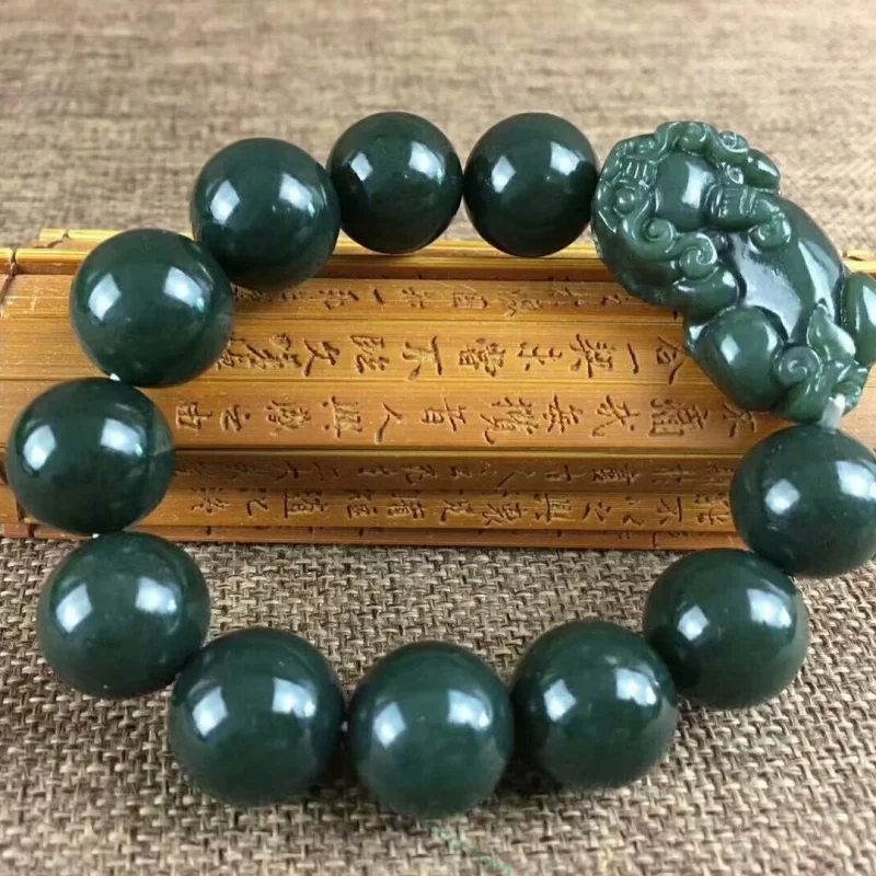 hotan-single-pixiu-green-jade-round-bead-buddhist-bracelet-men-and-women