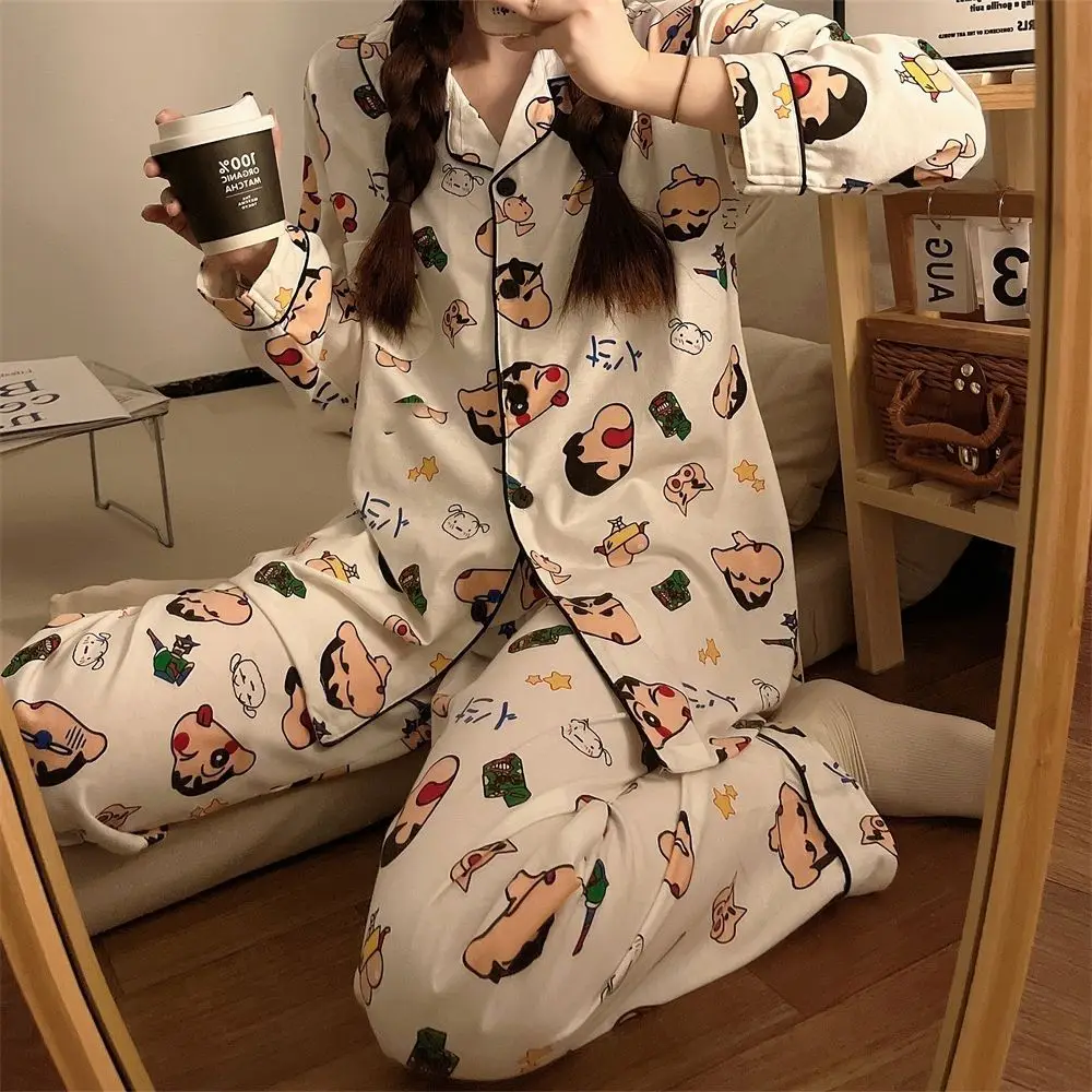 Kawaii Crayon Shin-Chan Pajamas Girls Long Sleeved Pants Sleepwear Japanese Women's Home Clothing Couple Leisure Loose Homewear