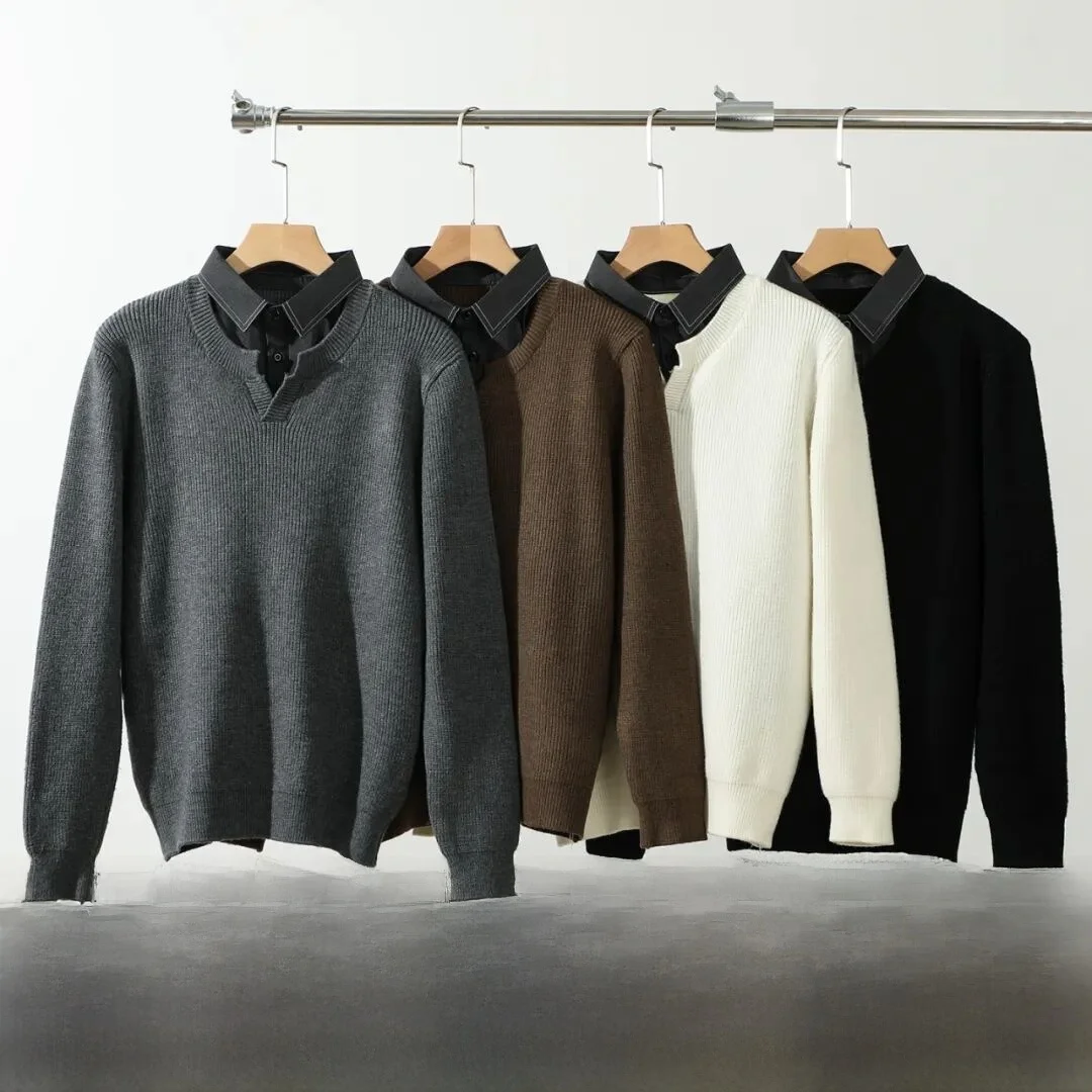 

Мужской вязаный свитер с воротником-стойкой, повседневный свитер на осень-зиму, высокая чувствительность, искусственный двухсекционный дизайн, Long Sve