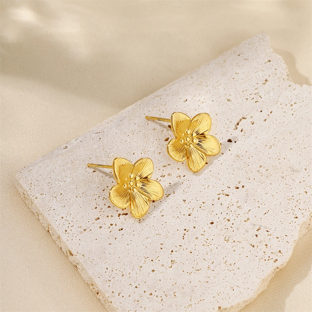 Kpop Stainless Steel Flower Stud Earrings For Women Romantic Party Wedding Earrings Simple Fashion Jewelry Girls Gift 2024