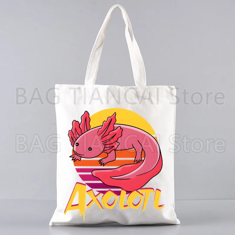 

Сумка-шоппер из холщовой ткани с изображением мексиканского аксолотля в стиле каваи, вместительная, для школы и повседневного использования