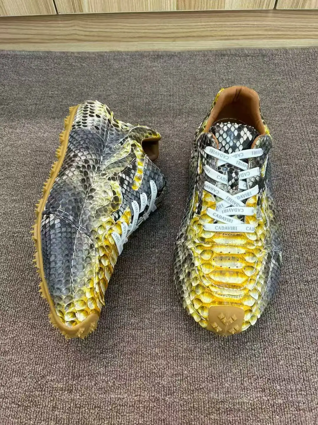 حذاء رجالي أصلي 100% من جلد الثعبان الحقيقي، حذاء رياضي رجالي عالي الجودة من جلد الثعبان باللون الذهبي والأصفر مع بطانة بقرة #6