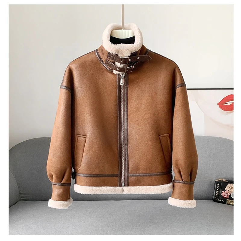 PUDI Women Lamb Hair Motorcycle Suit 2024 New Winter Short Sheep Shearling Coat Female Stand-up Collar Jacket CT402