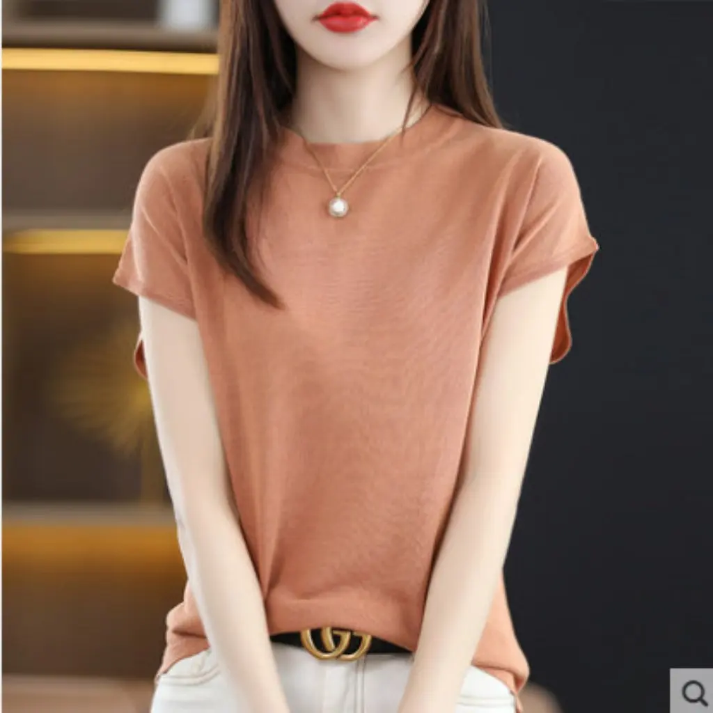 

Женский летний вязаный топ из ледяного шелка с короткими рукавами, модная футболка без рукавов, свободная тонкая винтажная базовая рубашка