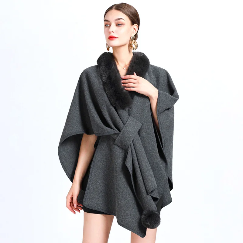 Women Ponchos Coat Elegant Casual Faux Fur Collar Shawl Cloak Bohemian Shawl Autumn Winter Oversize Sleeveless Fashion Capes