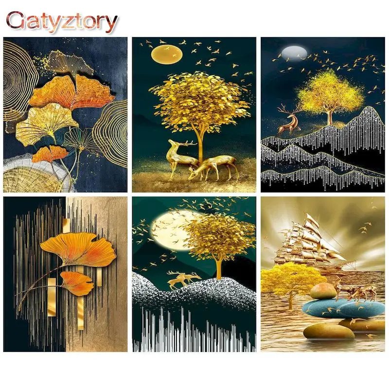 

GATYZTORY 60x75cm DIY Oil Painting By Numbers On Canvas Leaves Frameless Paint By Numbers Landscape Digital Painting Home Decor