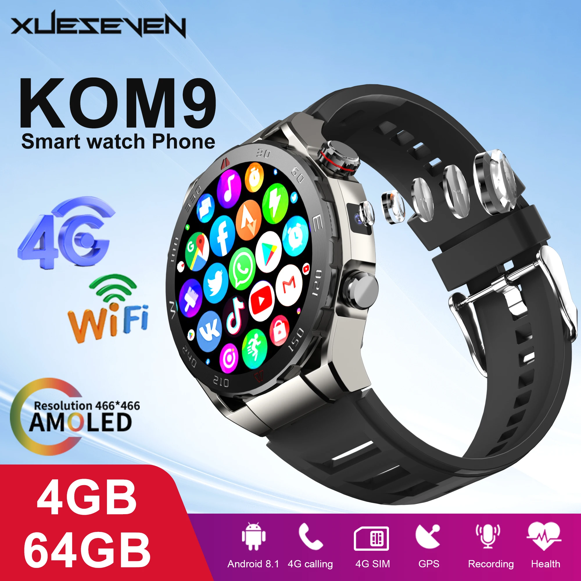 XUESEVEN KOM9 4G SIM Cellular Network Android Smartwatch Phone 1.43