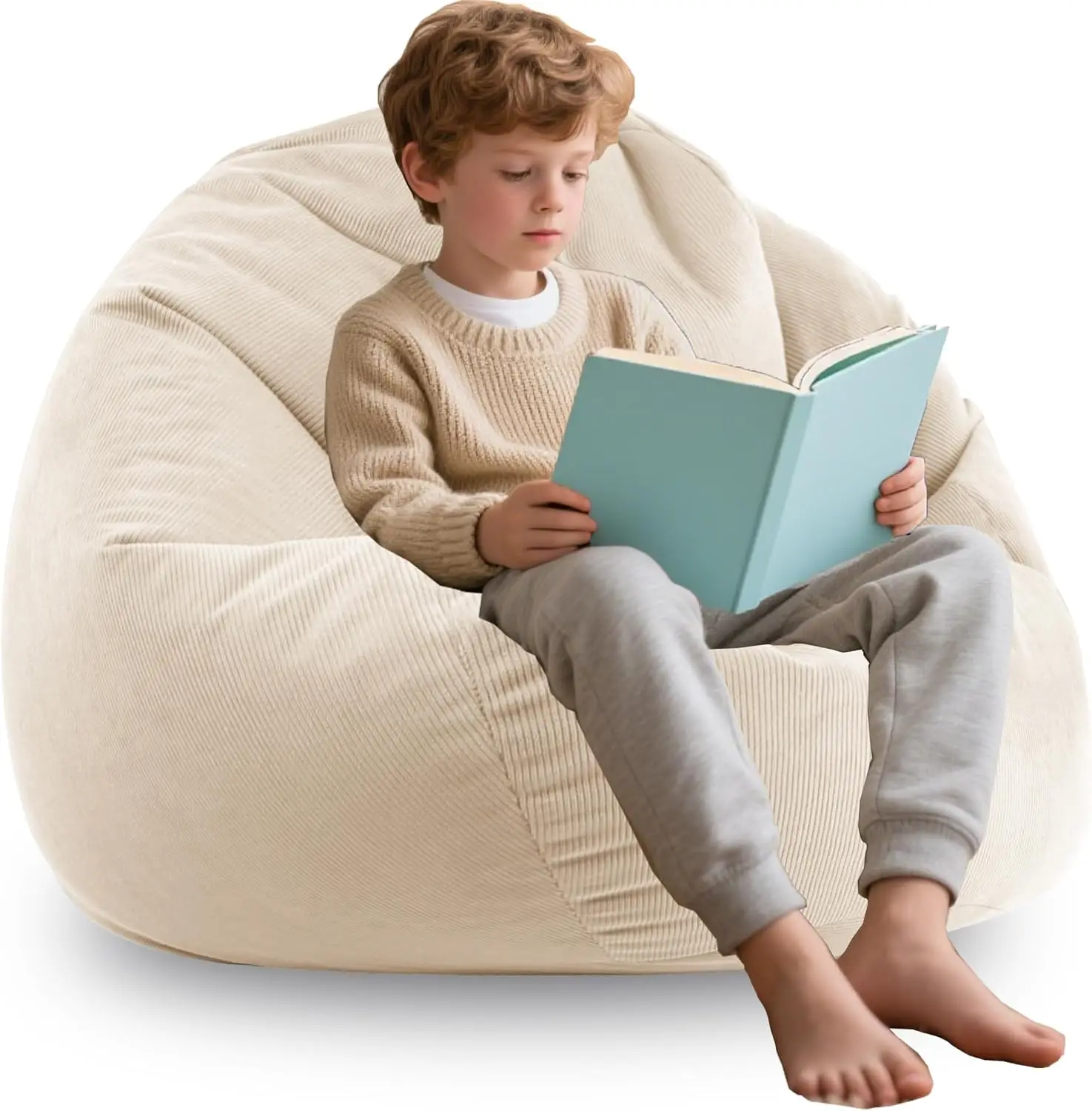 Silla tipo puf de espuma viscoelástica de 3 pies para niños o adolescentes, tela de pana súper suave con asa, sofá perezoso en color beige