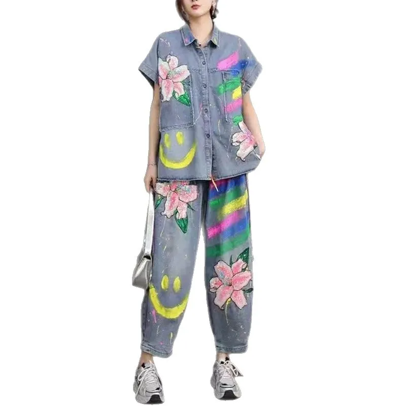 

Design Sense 2026 Spring and Summer New Denim Suit Women's Heavy Industry Sequined Embroidered Jacket Harlan Pants Loose Tide