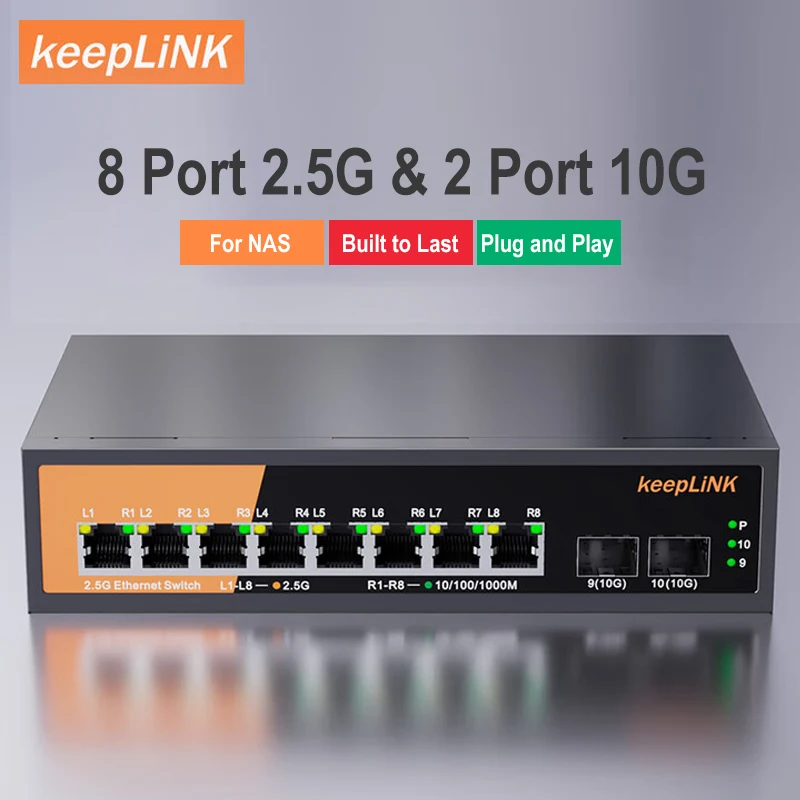 KeepLiNK 10-Port Multi-Gigabit Unmanaged Ethernet Network with 8 X 2.5Gb Copper RJ45 and 2 X 10Gb SFP+