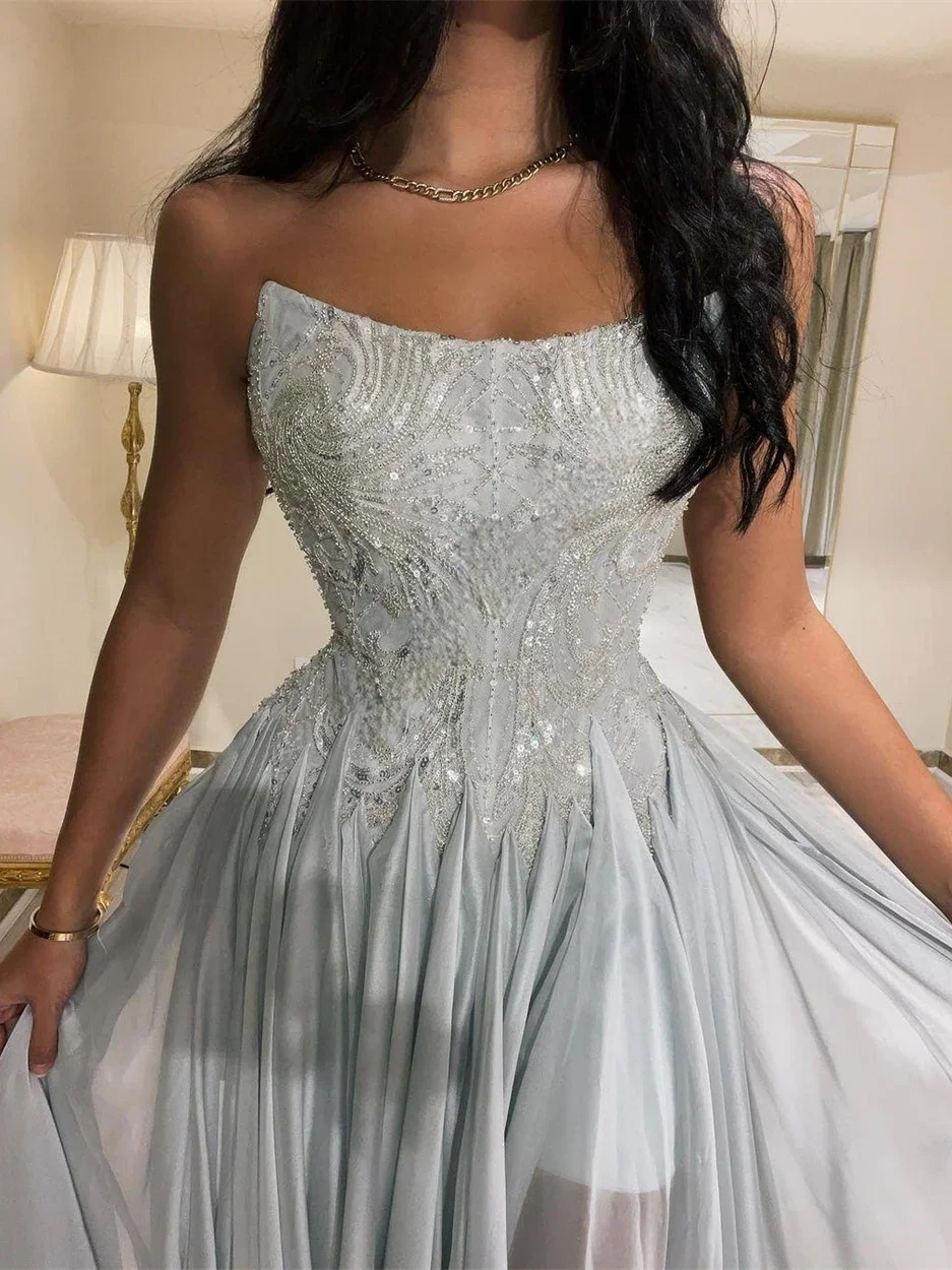 Oisslec Prom Dresses Exquisite Strapless A-line Celebrity Sequin Draped Chiffon Occasion Evening Gown prom dress for black girls