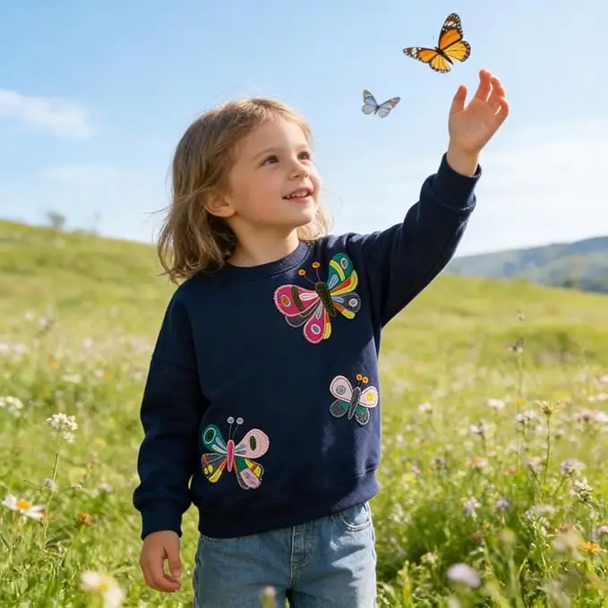 Little Hand Toddler Girls Crewneck Butterfly Sweatshirt Long Sleeve Pullover Sweater Kids Fall Winter Warm Shirts Clothes for2-7