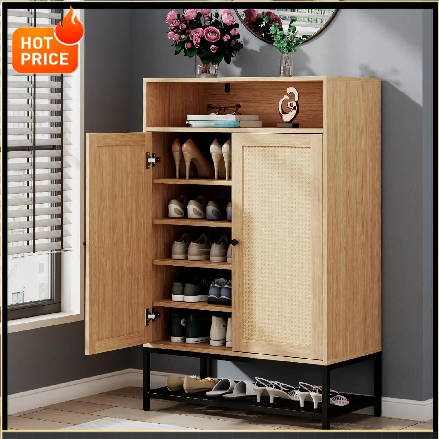 

Бестселлер: Тумба для обуви из ротанга 46,54 дюйма, 7-ярусный органайзер для обуви с дверцами, деревянная полка для обуви в стиле бохо с регулируемыми полками