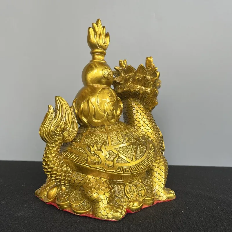 Feng Shui Wealth Dragon Turtle Sculpture Gold Tone Gourd Ingot Coin Statue Home Desk Lucky Oriental Decorative Craft