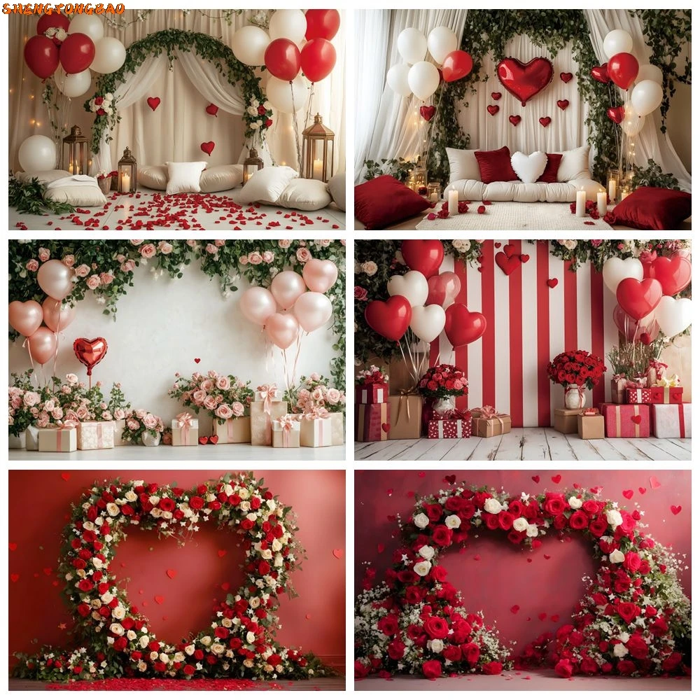 Valentines Day Background Flowers Rose Balloons Love Heart February 14th Party Couple Date Wedding Portrait Photography Backdrop