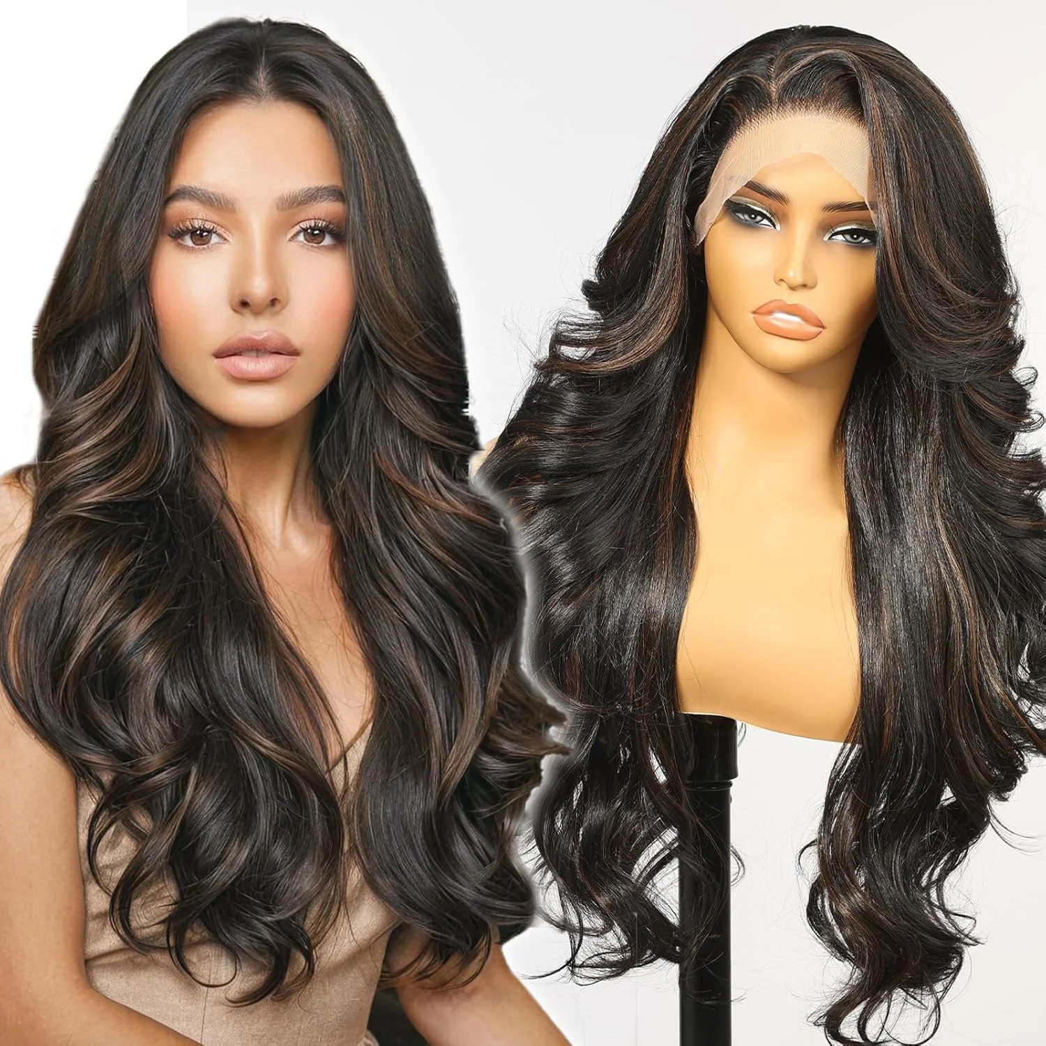 

DWY Lace Front Synthetic Wig Black Highlight Brown Wig Long Body Wave Brunette Lace Wig for Women Wig with Baby Hair Pre Plucked