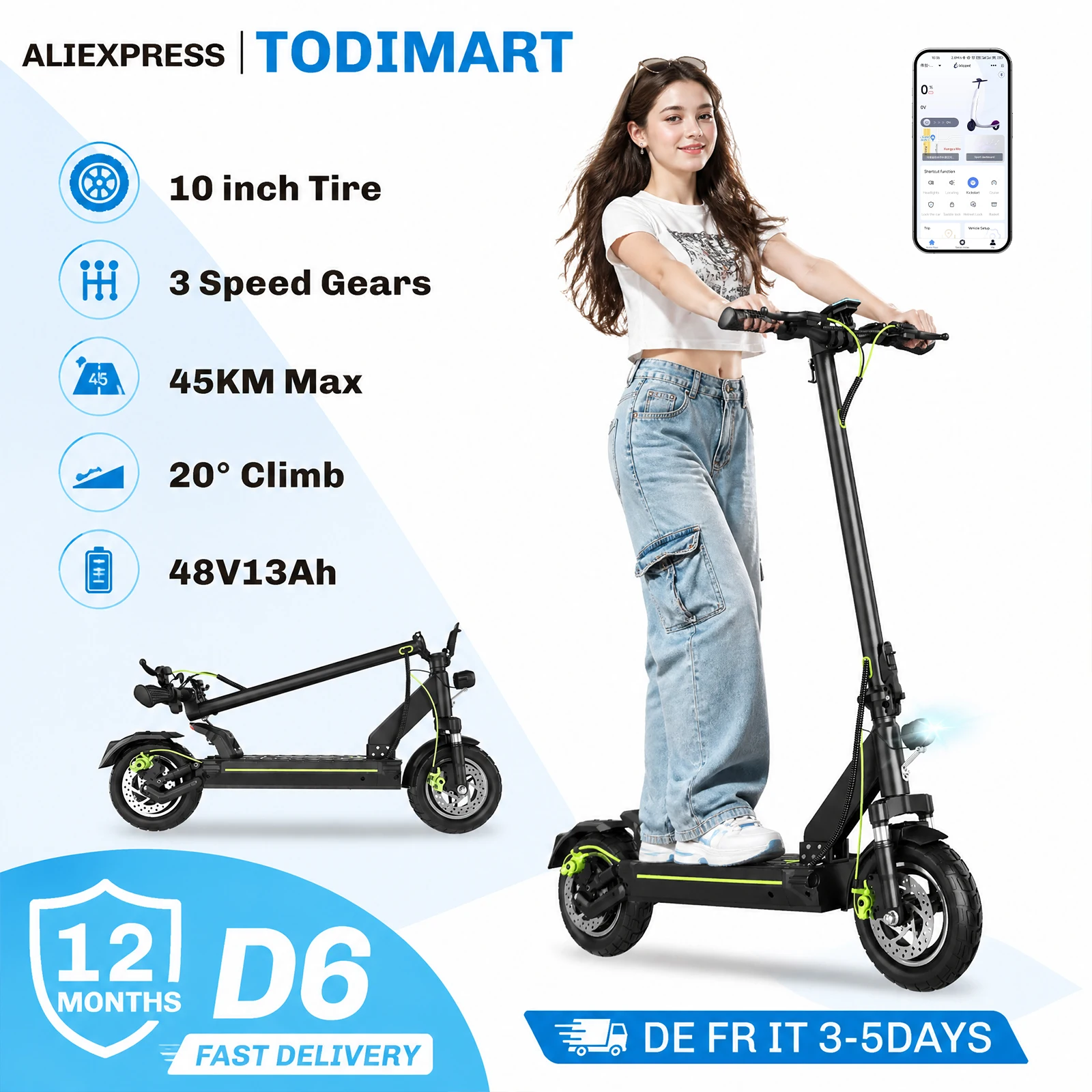 Patinete Eléctrico Todimart para Adultos, Patinete Eléctrico Plegable Todoterreno con Motor sin Escobillas, Batería de 48V 13Ah, Autonomía de 45KM, Suspensión Doble Delantera y Trasera, Neumáticos de 10 Pulgadas, Carga Máxima de 150kg, Patinetes Eléctricos Urbanos con Aplicación Inteligente